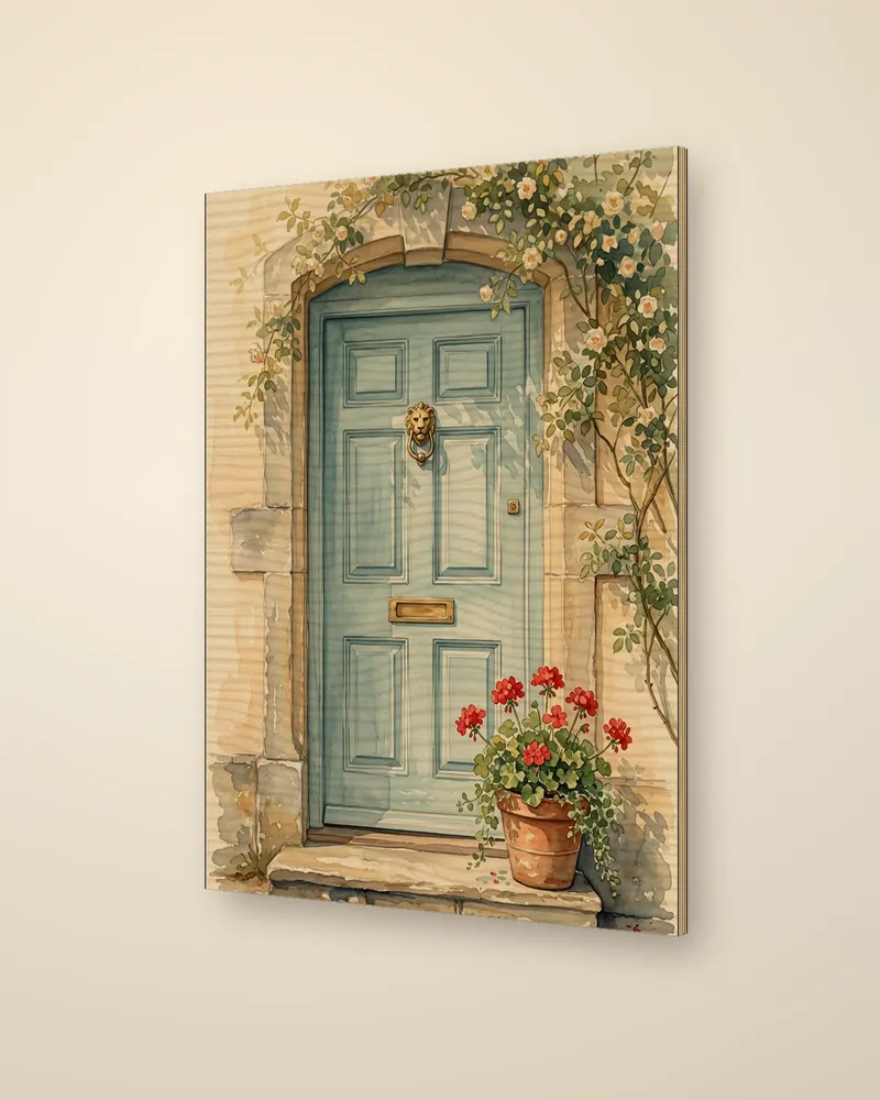 Example product picture: The Blue Front Door, a watercolour of a pale blue door framed by climbing roses, printed on a frameless wood panel
