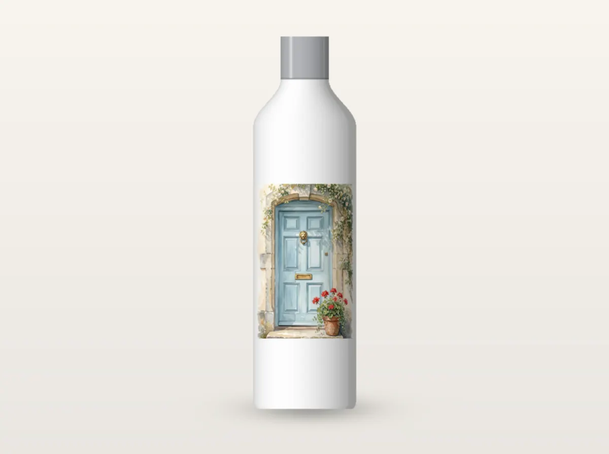 A white steel water bottle with a panel showing a pale blue front door and red geraniums.