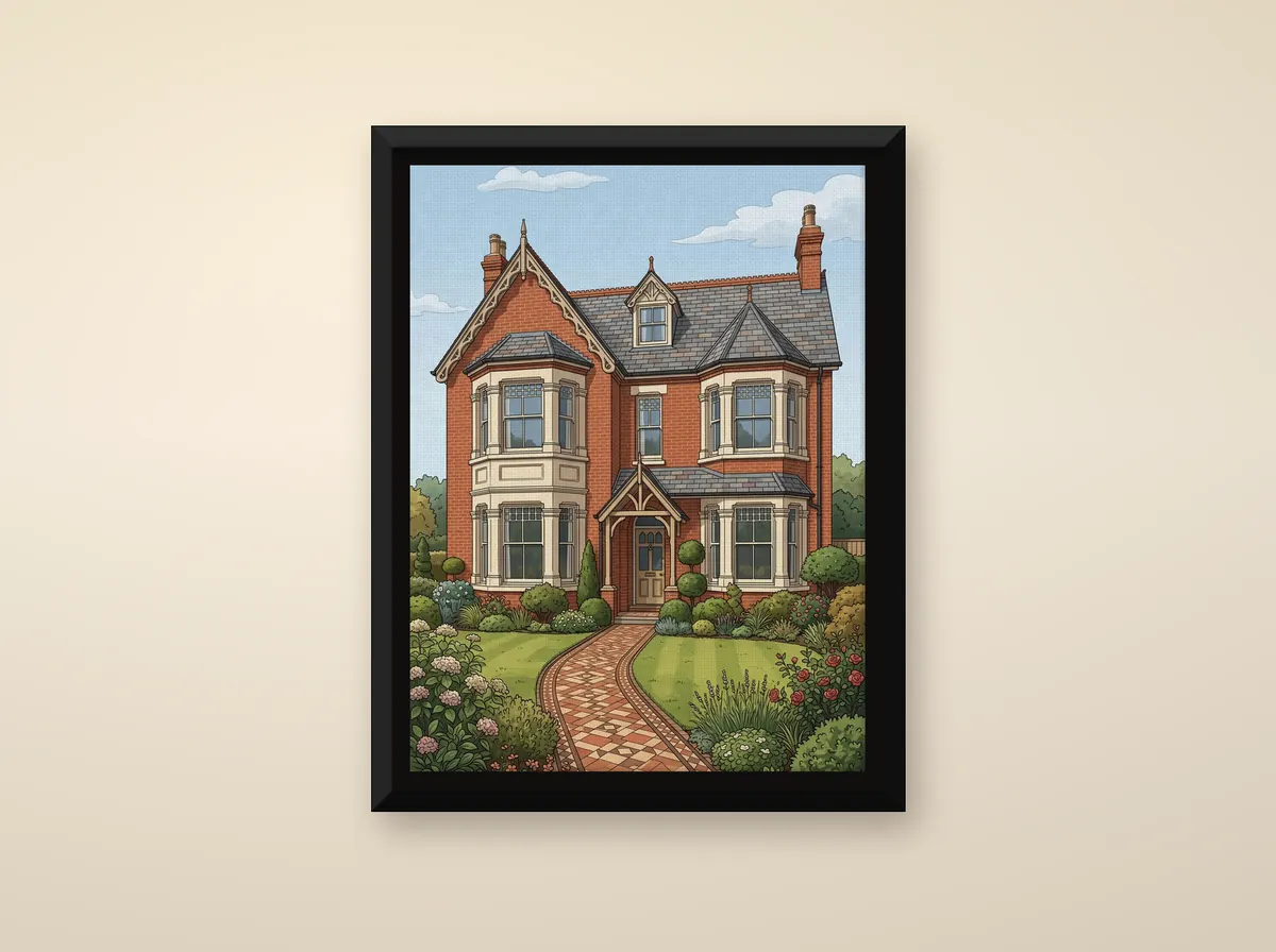 A red-brick Victorian villa on a canvas set in a black frame, hung on a cream wall.