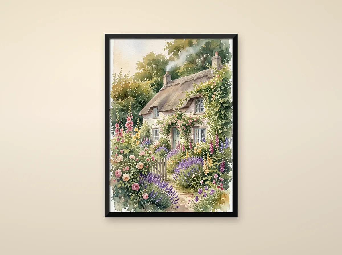 A thatched cottage and flower garden printed as a poster in a black frame on a cream wall.