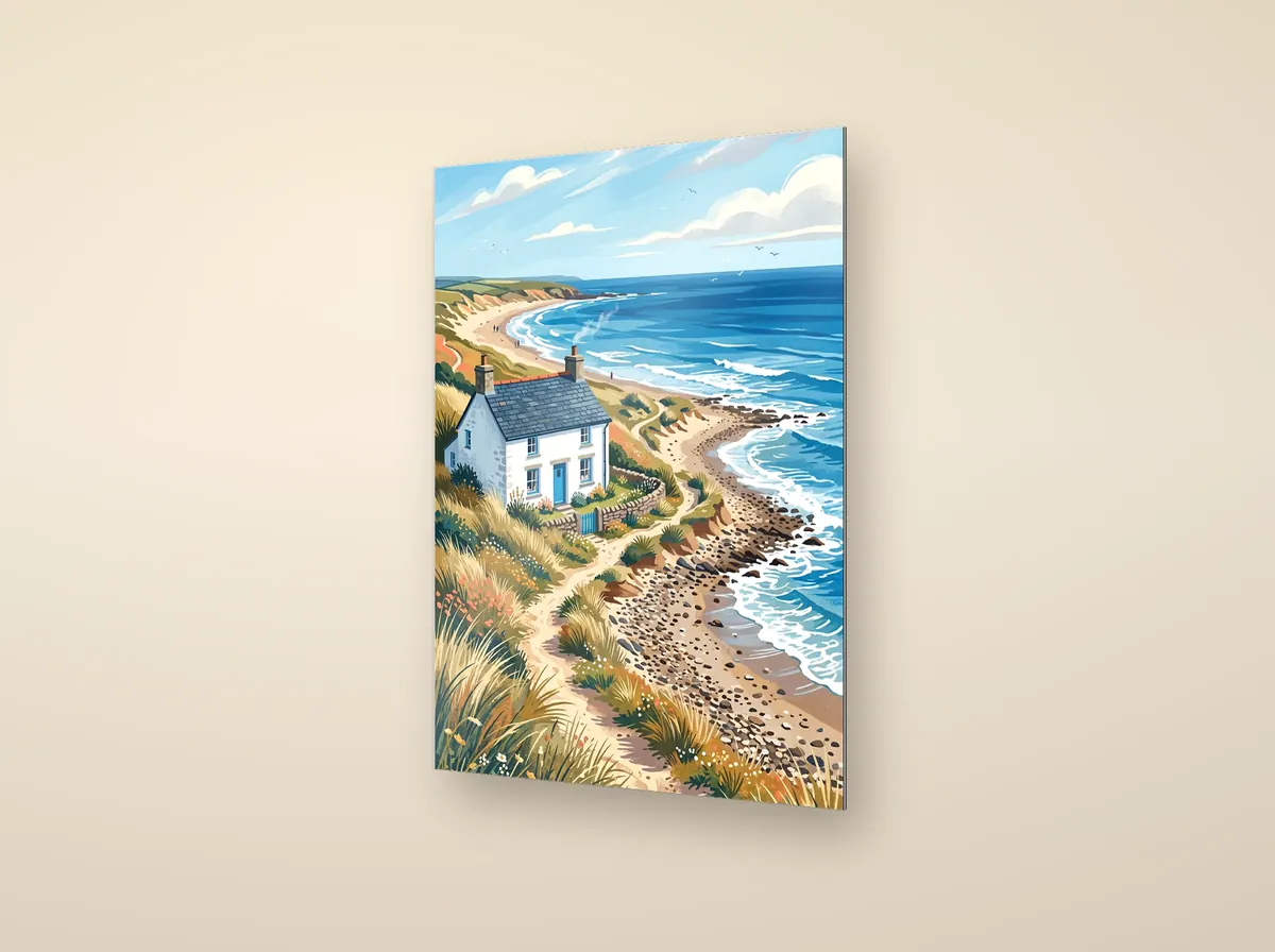 A white cottage above a curving coastline printed edge to edge on a frameless metal panel, turned to show its thin edge.