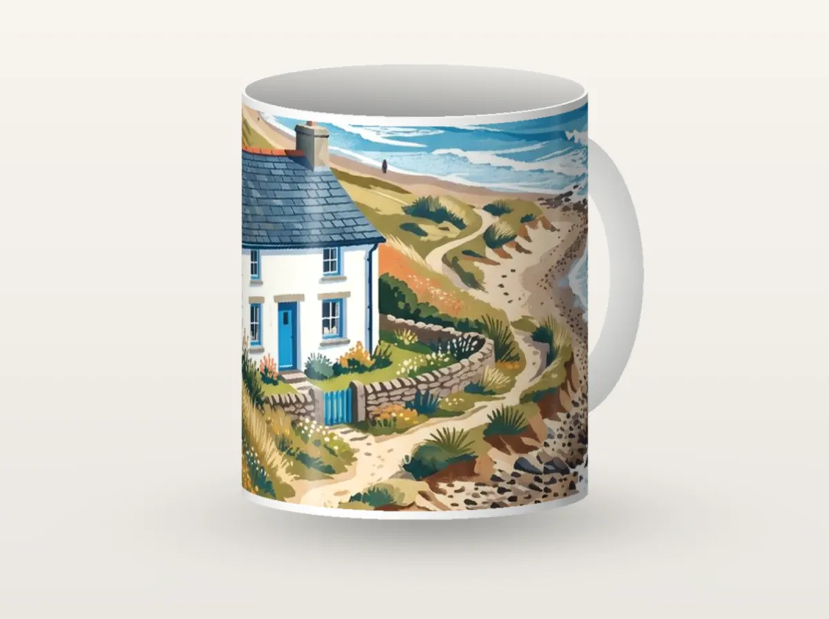 A white mug printed all round with a band from the middle of the seaside cottage picture: the cottage, the coast path and the sea.