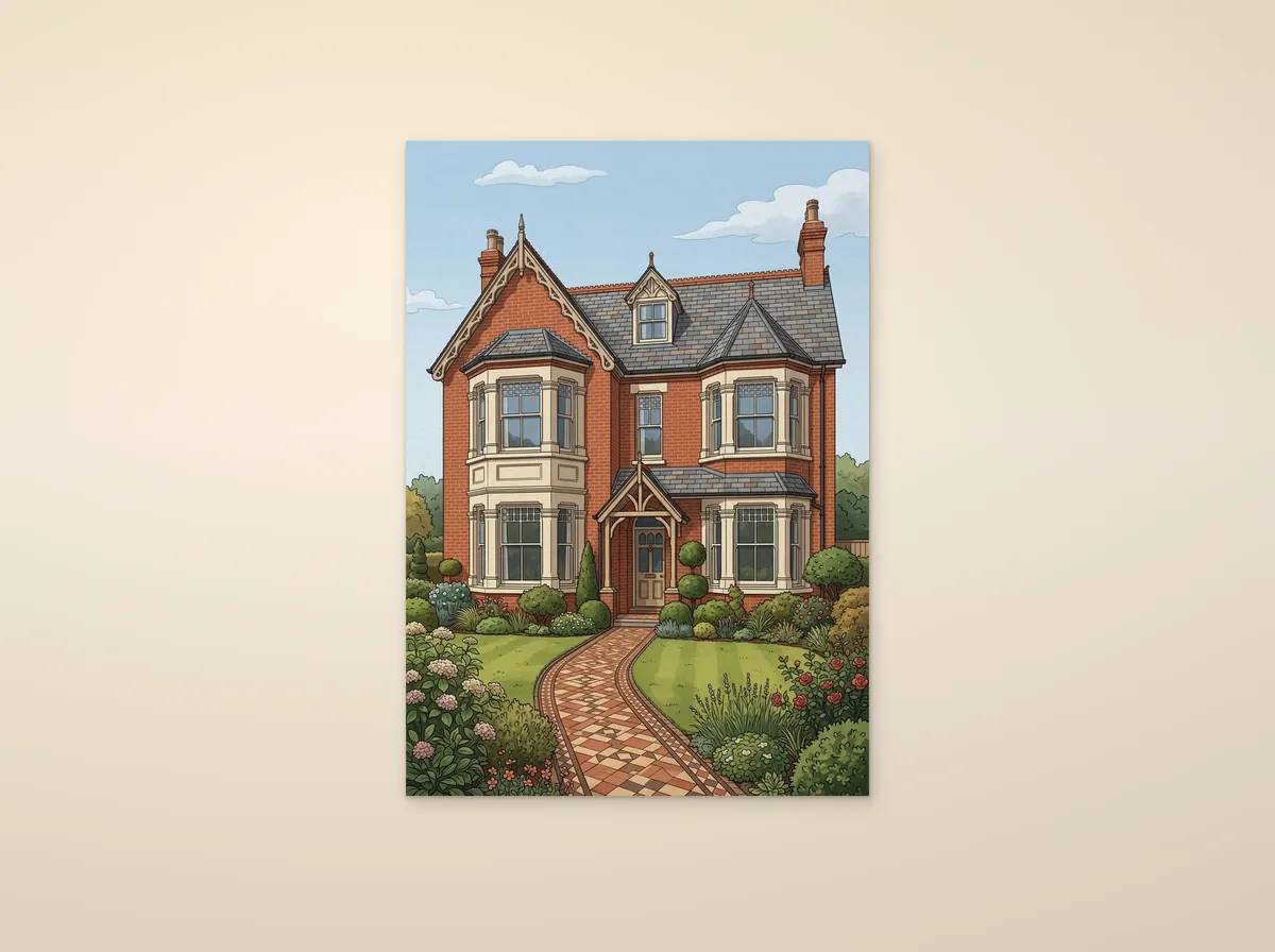 An unframed poster of a red-brick Victorian villa on a cream wall.
