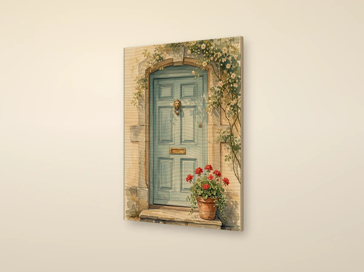 A pale blue front door with a brass lion knocker printed on a frameless wood panel, turned to show its edge.